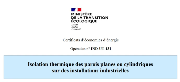 Fiche CEE IND‑UT‑131 : en-tête et repères de l’opération calorifugeage industriel – PROVELIAH