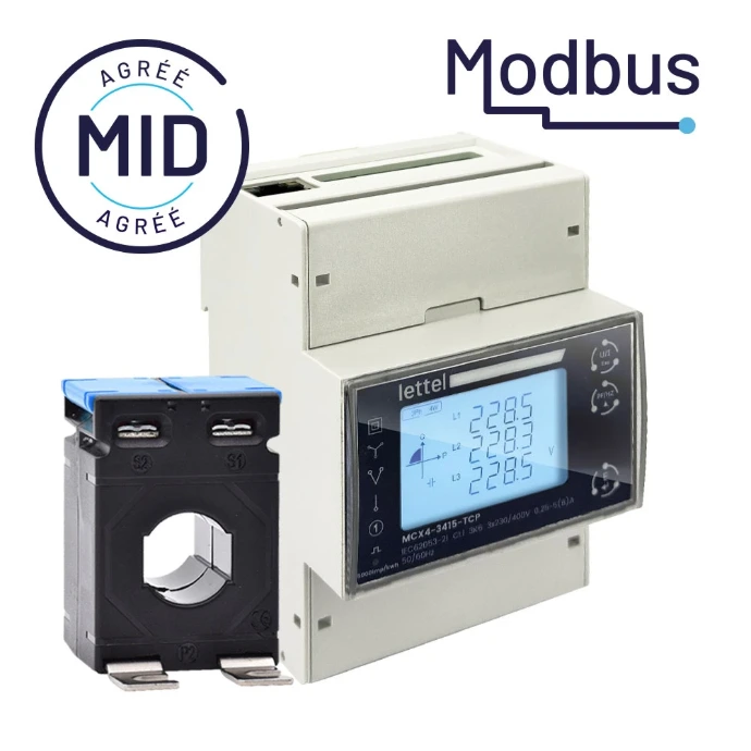 Compteur d'énergie triphasé Modbus avec transformateurs de courant pour comptage énergétique tertiaire et industriel