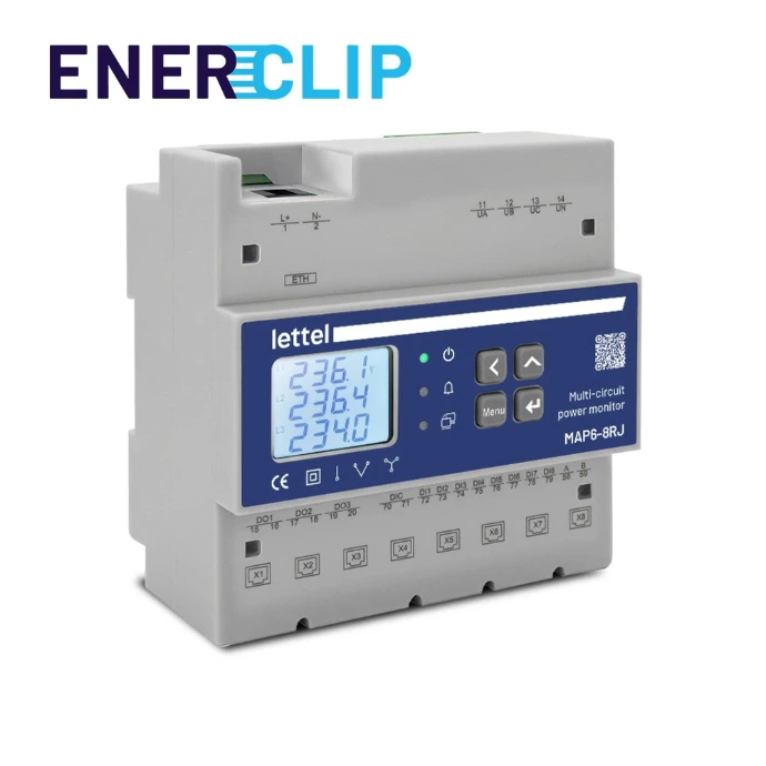 Centrale de mesure multi-circuits MAP6-8RJ LETTEL avec afficheur LCD affichant les tensions triphasées et connectique Enerclip RJ12