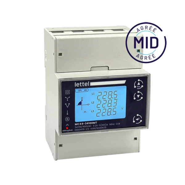 Compteur d'énergie triphasé multifonctions MCX4 LETTEL 4 modules MID Modbus distribué par PROVELIAH