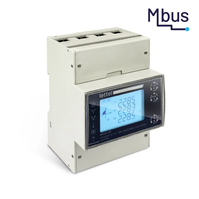Compteur d'énergie LETTEL MCX4-310 M-Bus, raccordement direct 100A, boîtier blanc 4 modules rail DIN avec afficheur LCD 4 lignes et logo M-Bus