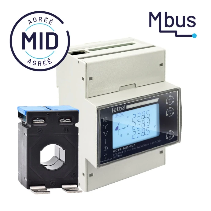 Compteur d'énergie MCX4-31XCT LETTEL avec transformateur de courant, communication M-Bus et certification MID, distribué par PROVELIAH