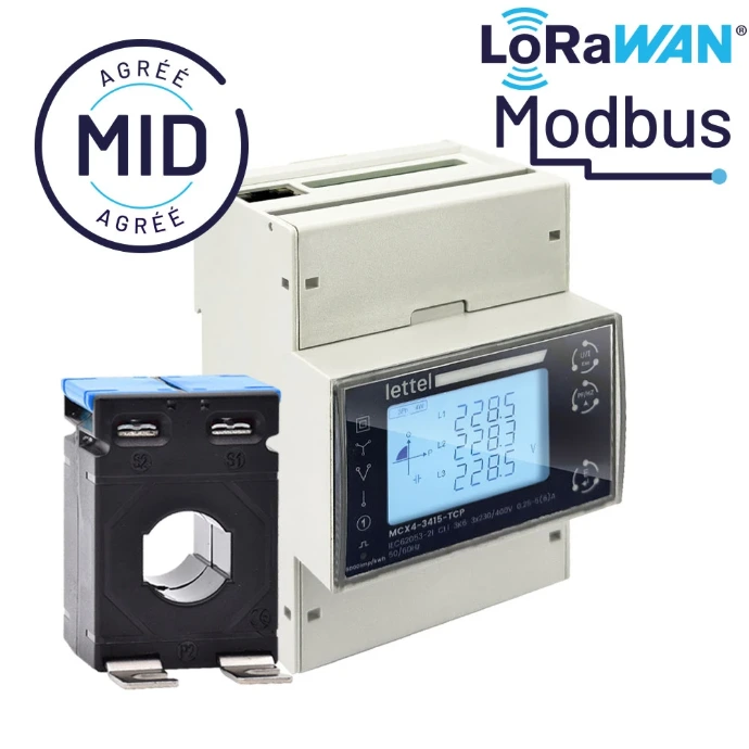 Compteur d'énergie multifonctions MCX4-34XCT LETTEL avec transformateur de courant, communication LoRaWAN et Modbus, certifié MID, distribué par PROVELIAH