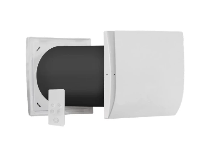Unité de ventilation décentralisée AERAULIQA PULSAR avec façade blanche, conduit traversant et télécommande