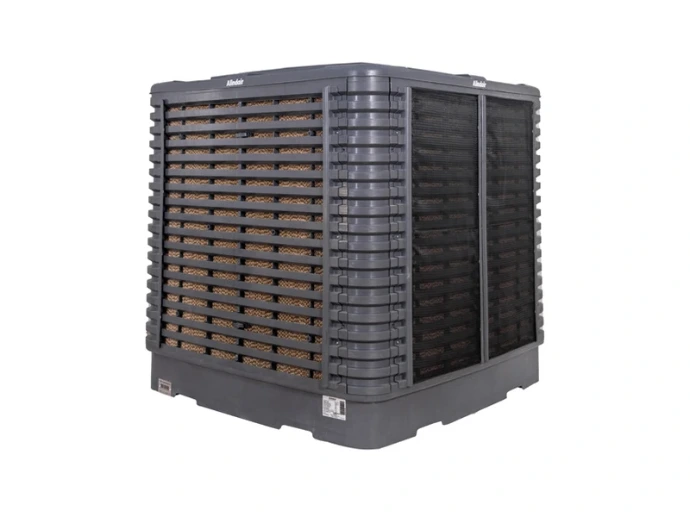 Rafraîchisseur évaporatif industriel ALINDAIR PLUS à caisson gris et panneaux évaporatifs latéraux.