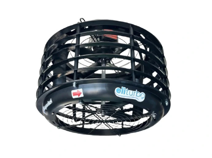 Déstratificateur d’air IMPRESIND ELITURBO noir, avec grille de protection circulaire, vu de trois quarts par-dessous