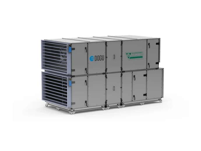 Centrale de traitement d’air modulaire DOGU DKS à caissons métalliques gris et grille latérale.