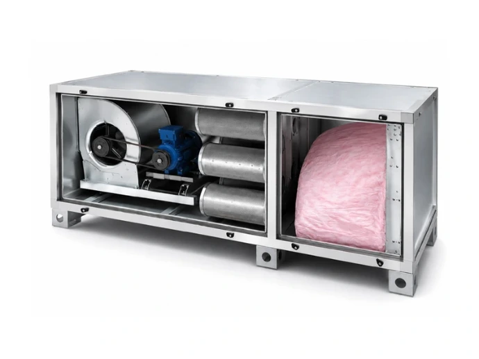 Centrale ASPIRNOVA présentée dans la gamme UFA / AHU, caisson ouvert montrant un ventilateur et des éléments de filtration.