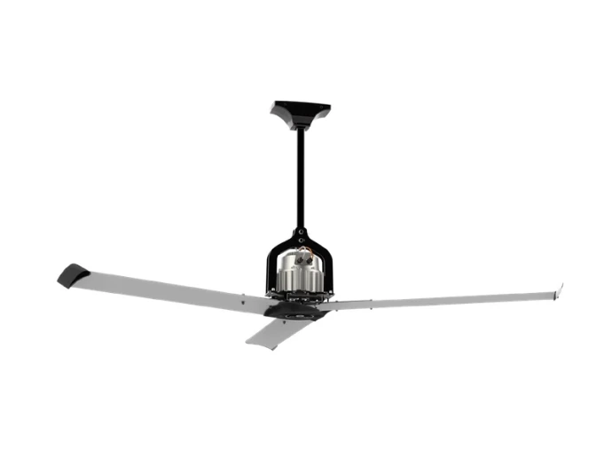Ventilateur de plafond AERAULIQA HVLS à trois pales, suspendu par une tige centrale