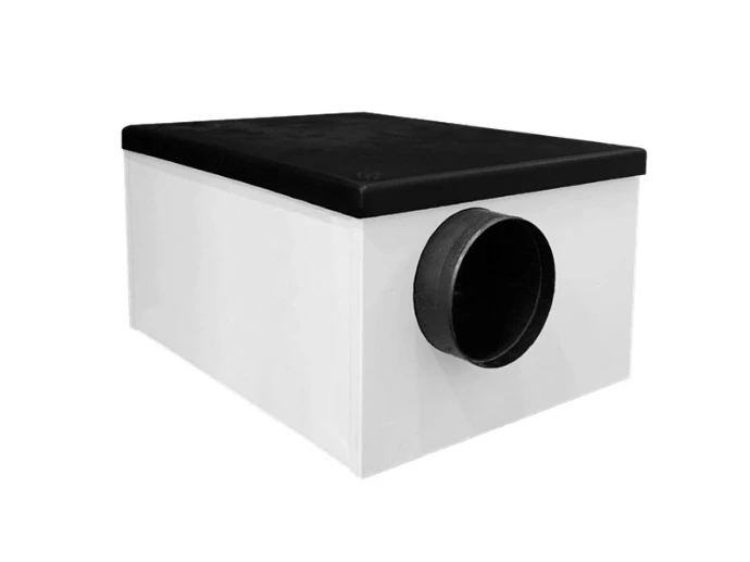 Unité de ventilation AERAULIQA P1 à caisson blanc, couvercle noir et raccordement circulaire en façade
