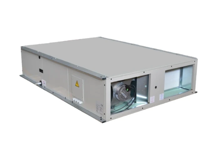 Centrale double flux AERAULIQA QRCE / QRCS à caisson métallique bas, avec composants visibles en façade