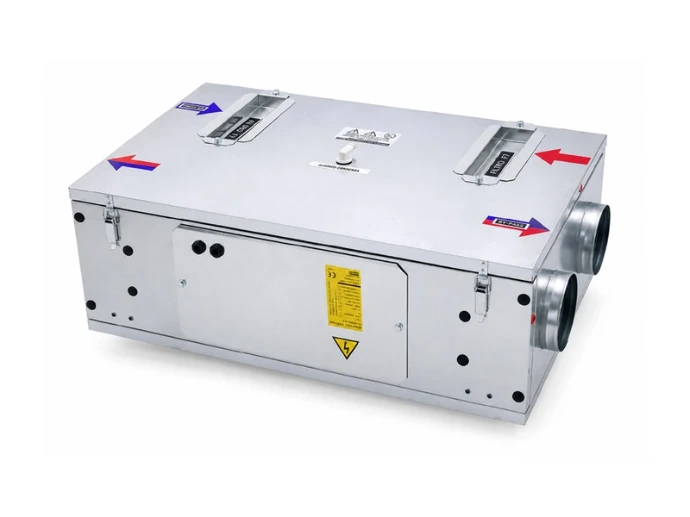 Récupérateur double flux compact ASPIRNOVA à caisson métallique, avec raccordements circulaires et repères de circulation d’air.