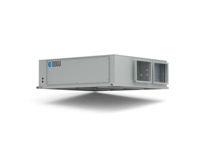 Centrale double flux DOGU HPGK avec pompe à chaleur intégrée, caisson métallique compact et raccordements rectangulaires.