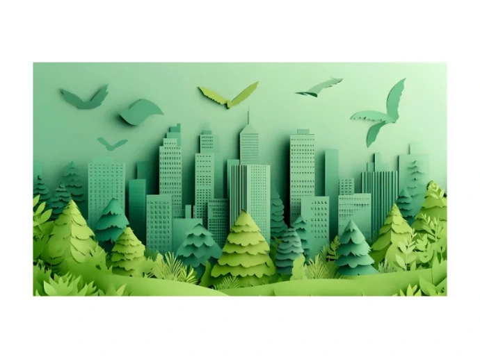 Illustration verte d’un ensemble de bâtiments entourés de végétation et de feuilles