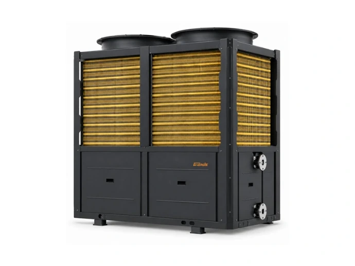 Pompe à chaleur ENERGIE AQUAPURA INVERTER X75HT avec deux ventilateurs supérieurs et raccordements hydrauliques latéraux.