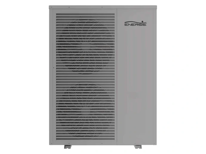 Unité extérieure ENERGIE AQUAPURA INVERTER vue de face, avec deux ventilateurs derrière la grille