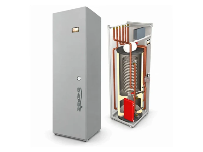 Unité intérieure ENERGIE THERMOBOX DUO rectangulaire, présentée fermée et en coupe avec ses équipements intégrés