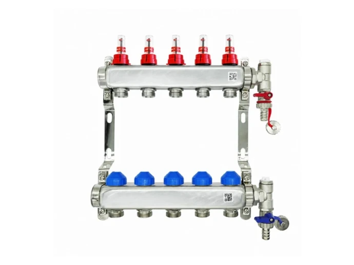 : Collecteur inox STANDARD TN avec deux barres de distribution, débitmètres rouges en partie haute et capuchons bleus sur les retours