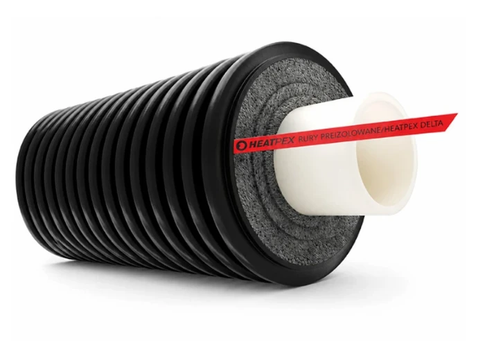 Vue en coupe du tube HEATPEX DELTA PEX HEAT UNO avec tube porteur blanc, isolation grise et gaine noire annelée