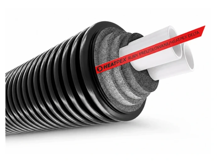Vue en coupe du tube HEATPEX DELTA PEX HEAT DUO avec deux tubes blancs réunis dans une gaine noire isolée