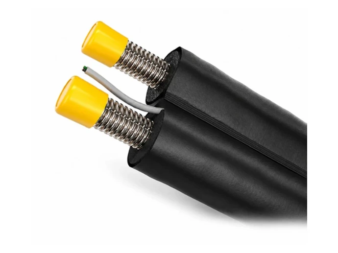 Double tube HEATPEX SOLAR PRO avec protection extérieure noire, tubes inox annelés et câble signal visible