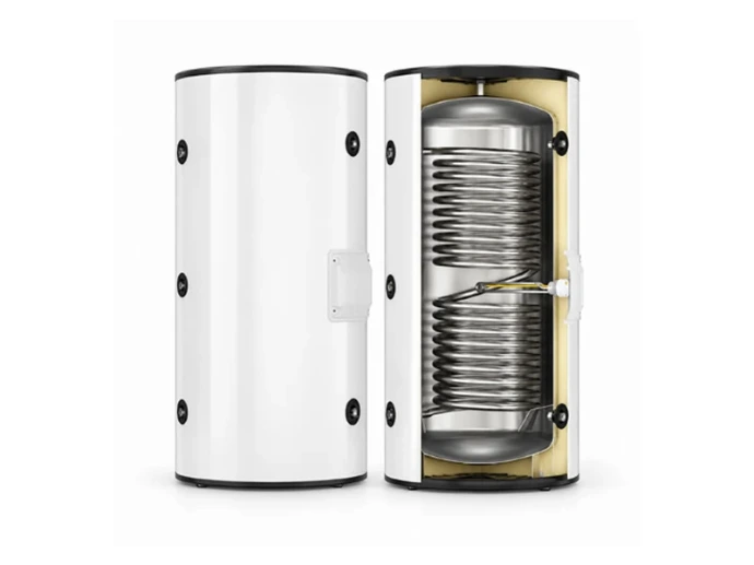 Ballon ECS ENERGIE THERMOCYLINDER présenté fermé et en coupe avec son serpentin intérieur