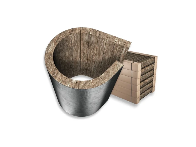 Segments Power-teK PB ALU en laine de roche avec aluminium, présentés à plat et cintrés pour tuyauterie