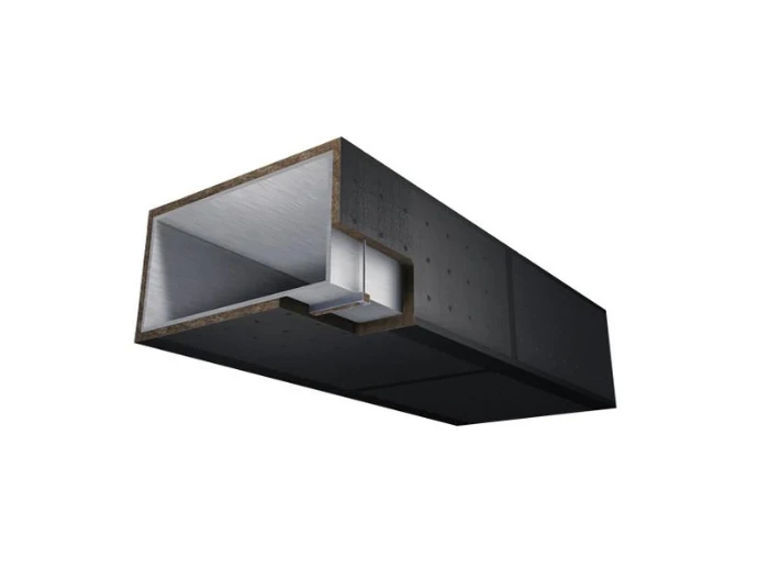 Système Fire-teK DuctProtect 30 R avec panneaux isolants à parement noir autour d’un conduit rectangulaire de ventilation