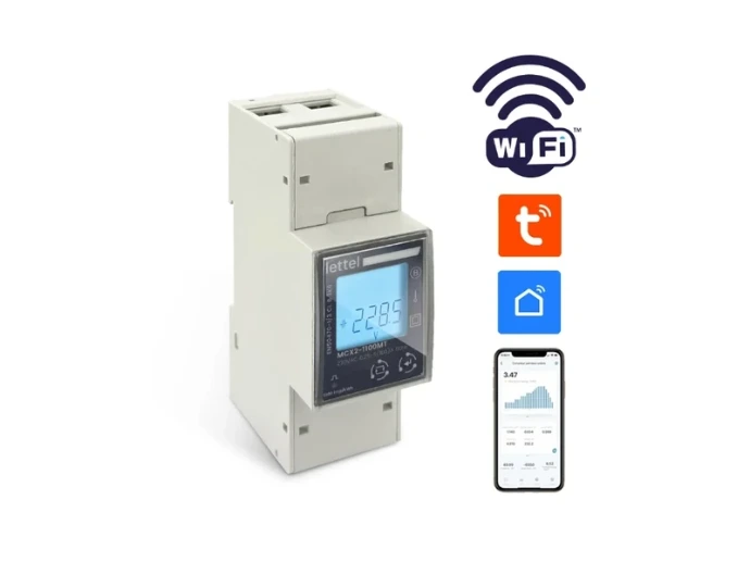 Compteur LETTEL de la gamme MCX2 illustré avec les pictogrammes WiFi et applications et un écran de consultation sur smartphone.