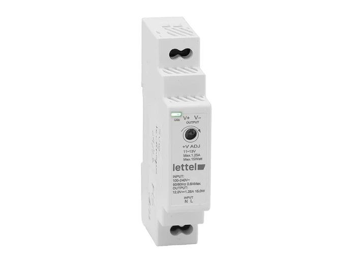 Alimentation LETTEL de la famille AMP1 pour rail DIN, version 12 V illustrée