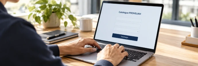 Personne remplissant sur un ordinateur portable le formulaire de téléchargement du catalogue PROVELIAH.