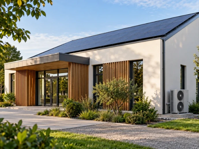 Bâtiment équipé de panneaux photovoltaïques en toiture et d’une pompe à chaleur extérieure