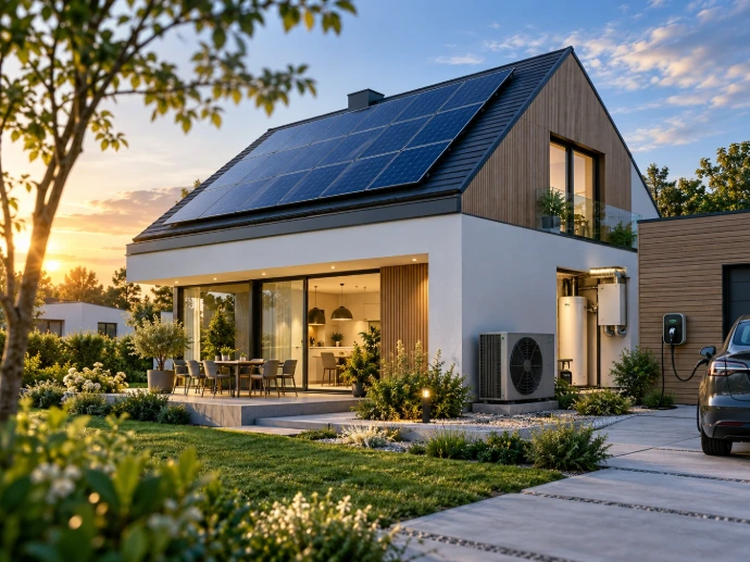 Maison contemporaine équipée de panneaux photovoltaïques, pompe à chaleur, production d’eau chaude et borne de recharge pour véhicule électrique.