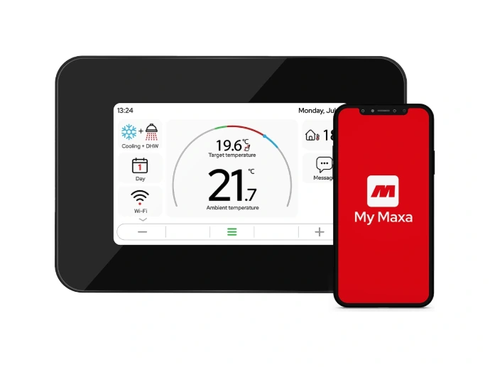 Commande MAXA e-Pro et illustration de l’application My Maxa sur smartphone